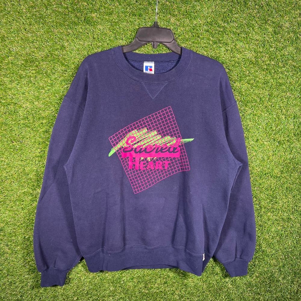 Vintage Russell Athletic Sacred Heart Sweatshirt Mens Large Navy Blue Made USA